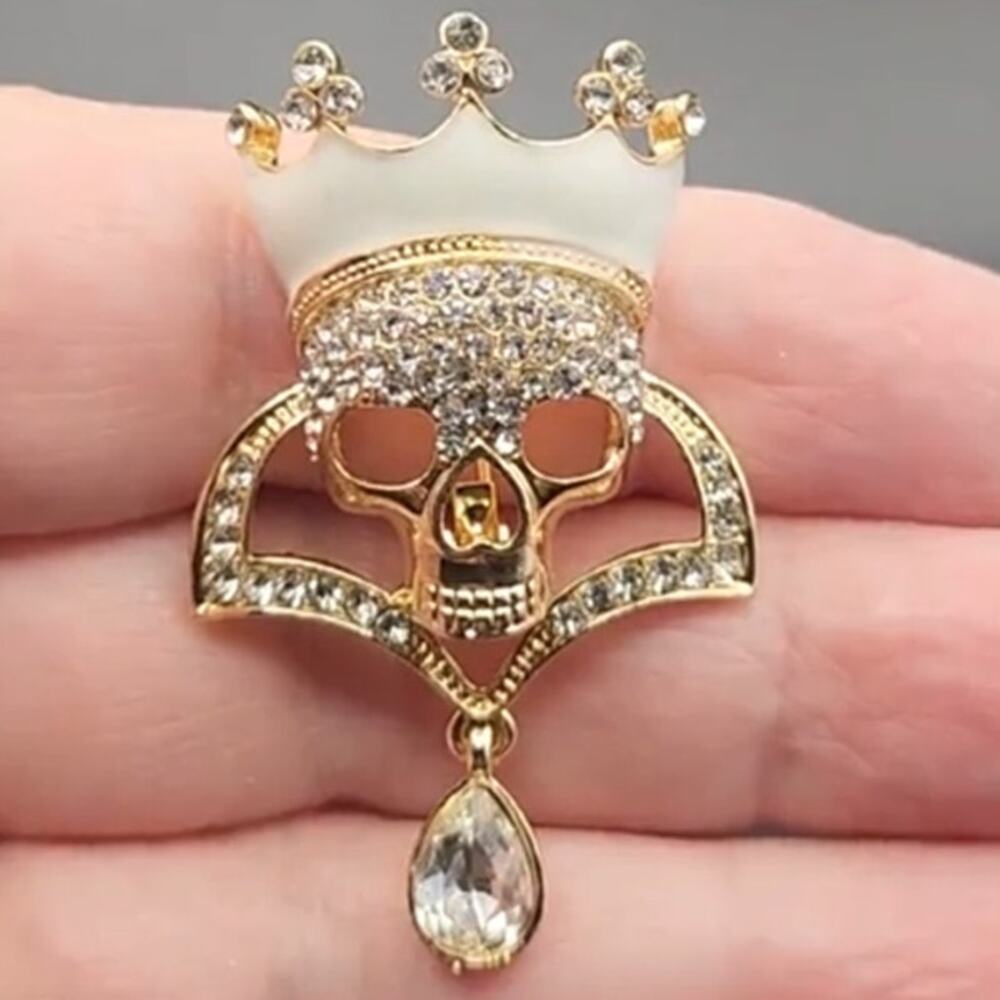Rhinestone Skull Queen Waterdrop Brooch Enamel Crown Clear Stones on Gold Tone